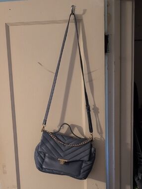 Blue Quilted Shoulder Bag with Chain Accent